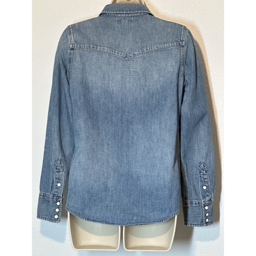 J Crew Womens Size 2 Blue Denim Shirt LS Pearl Snap Western Boho Prairie Cottage - Picture 2 of 9